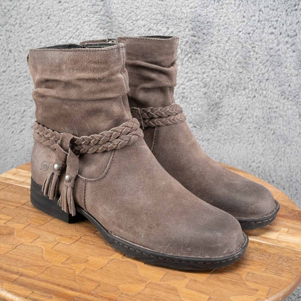 Born Womens Ouvea Ankle Boots Booties Gray Leather Braided‎ Strap Tassel Zip 7 M